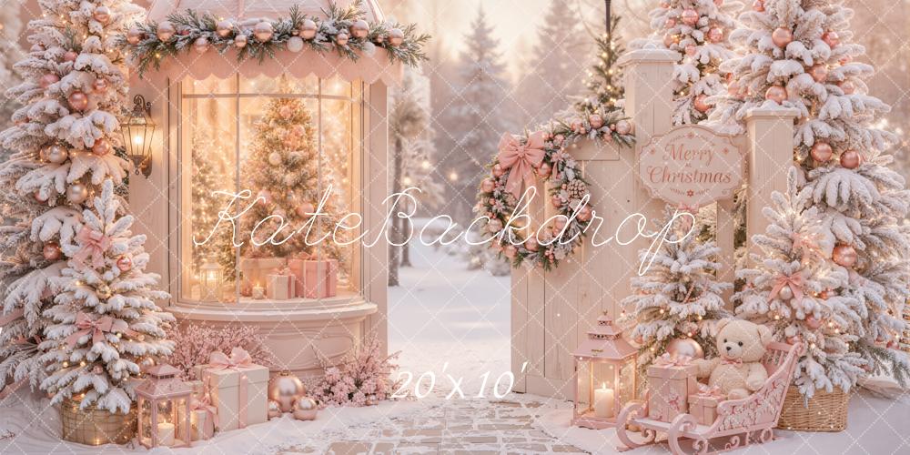 Kate Christmas Pink Gazebo Snowy Christmas Trees Gifts Sleigh Printed Backdrop Designed by Emetselch