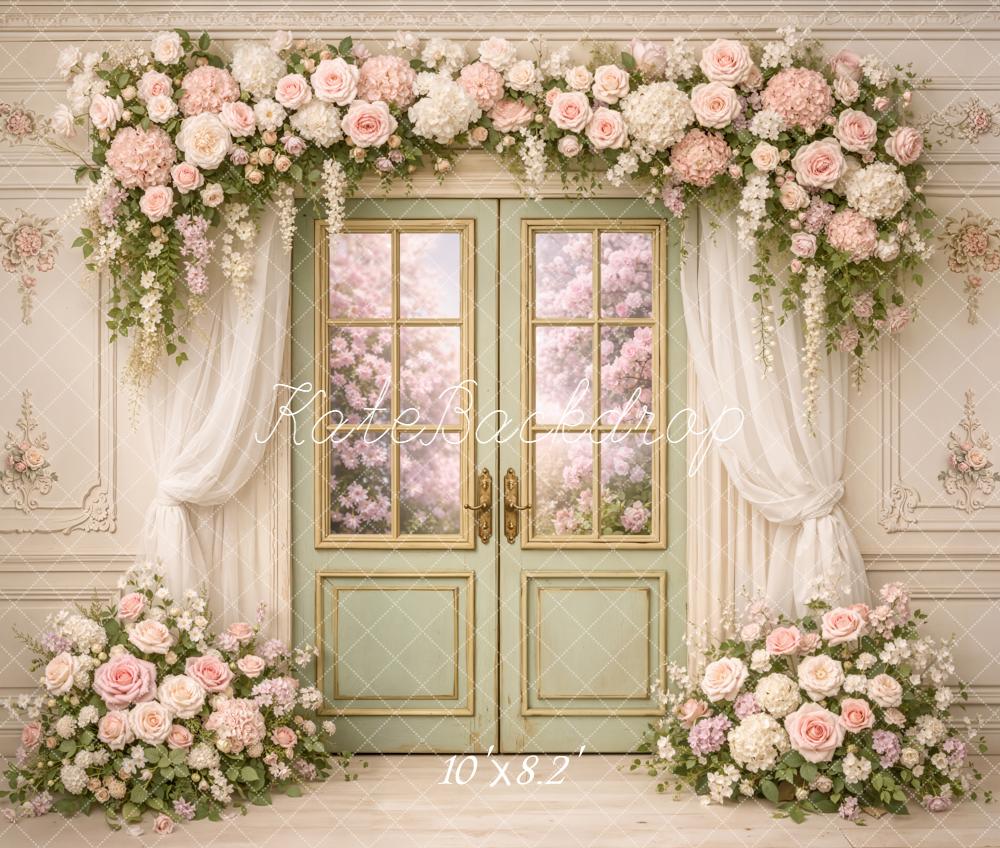 Kate Spring Flower Arch French Door Floral Wall Backdrop Designed by Chain Photography