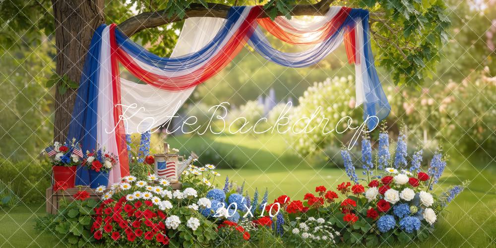Kate 4th Of July Patriotic Red White Blue Drapes Garden Flowers Printed Backdrop Designed by Emetselch