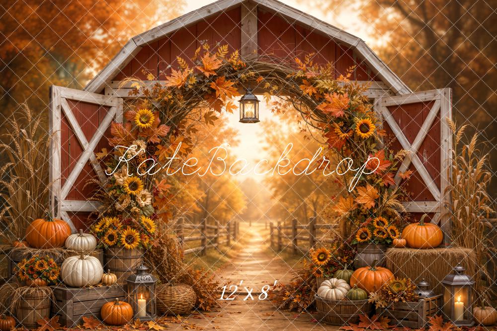 Kate Fall Barn Circle Floral Arch Pumpkin Pathway Printed Backdrop Designed by Emetselch