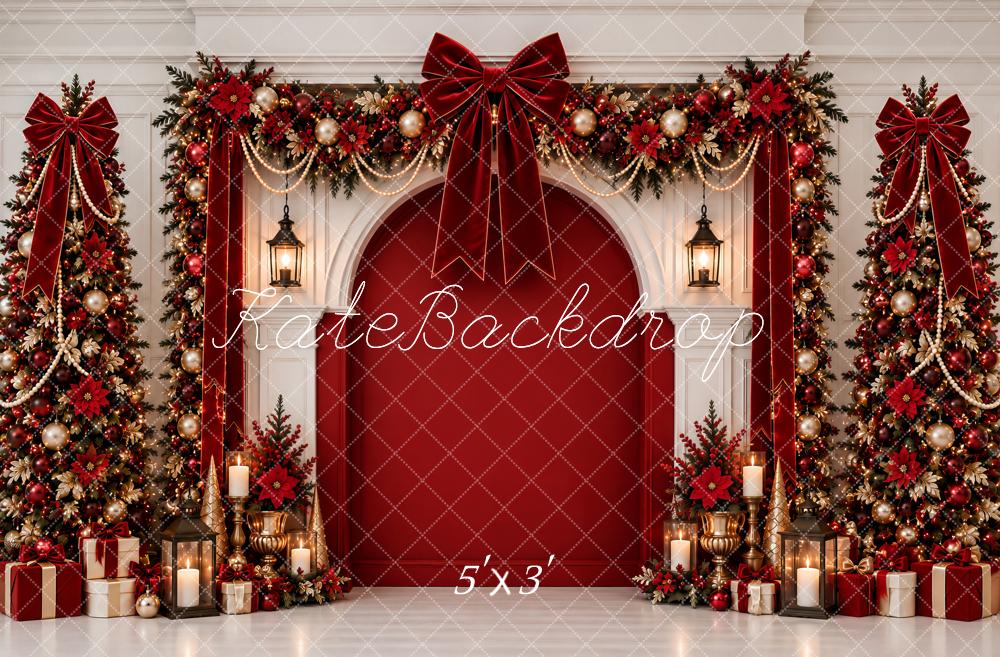 Kate Christmas Red Velvet Bow Arch Garland Trees Pearl Printed Backdrop Designed by Ashley Paul