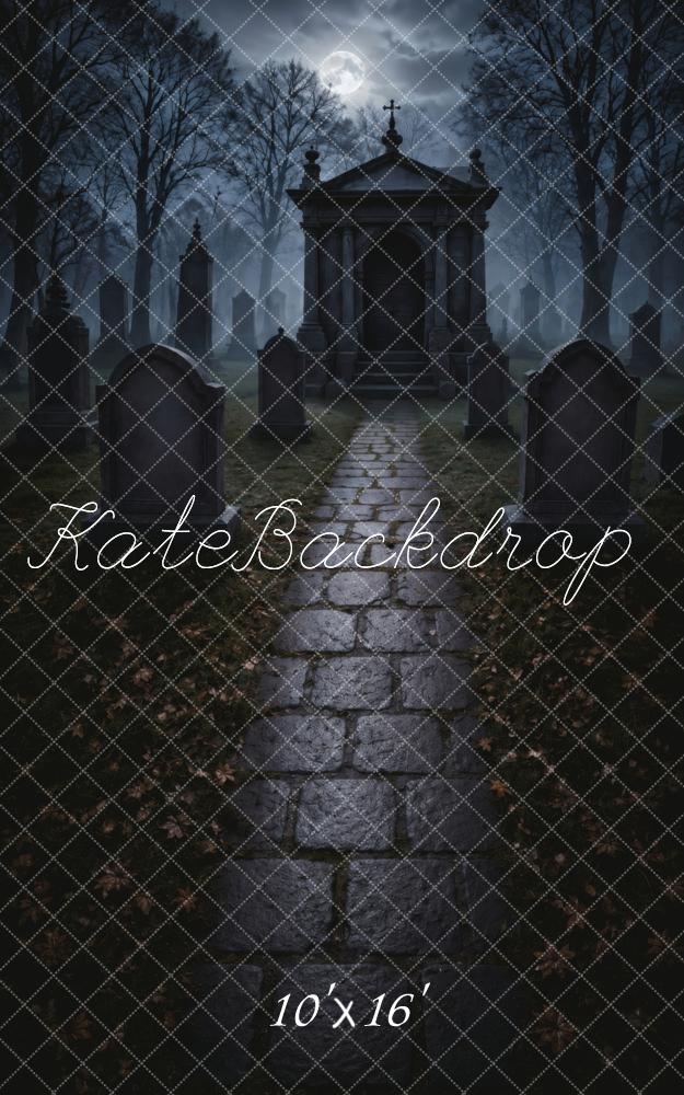 Kate Sweep Halloween Graveyard Mausoleum Cobblestone Path Moonlit Night Printed Backdrop Designed by Vertigo Productions