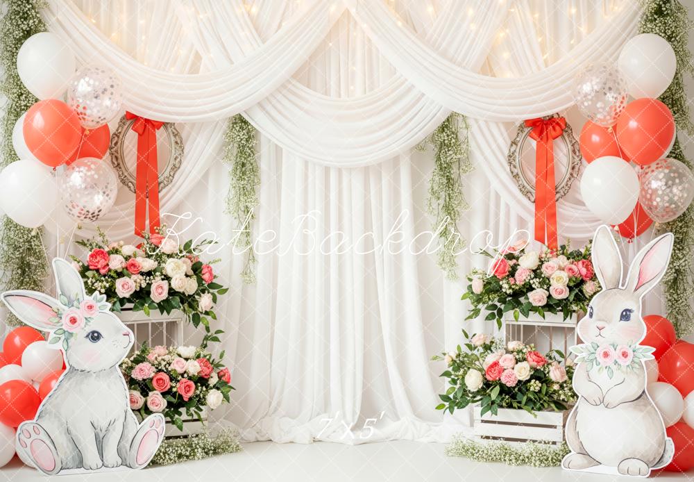Kate Easter Bunny Balloons Floral White Drapes Backdrop Designed by Patty Roberts