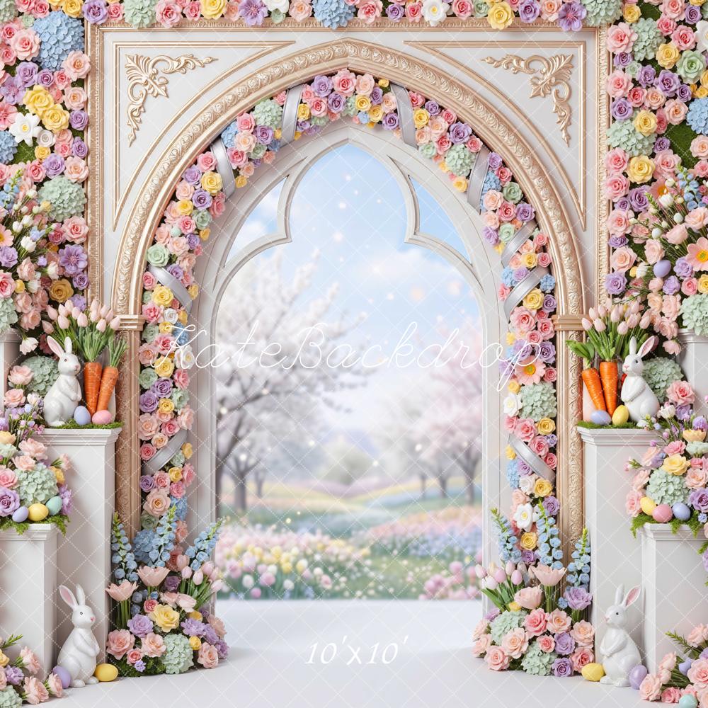 Kate Easter Bunny Flower Arch Pastel Garden Printed Backdrop Designed by Mini MakeBelieve