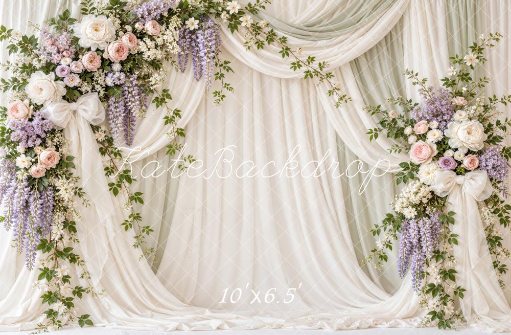 Kate Spring Floral Elegant White Drapes Bow Printed Backdrop Designed by Emetselch