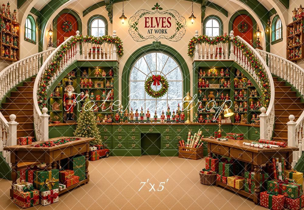 Kate Christmas Green Elves Toy Workshop Staircase Printed Backdrop Designed by Shutter Swan Studios