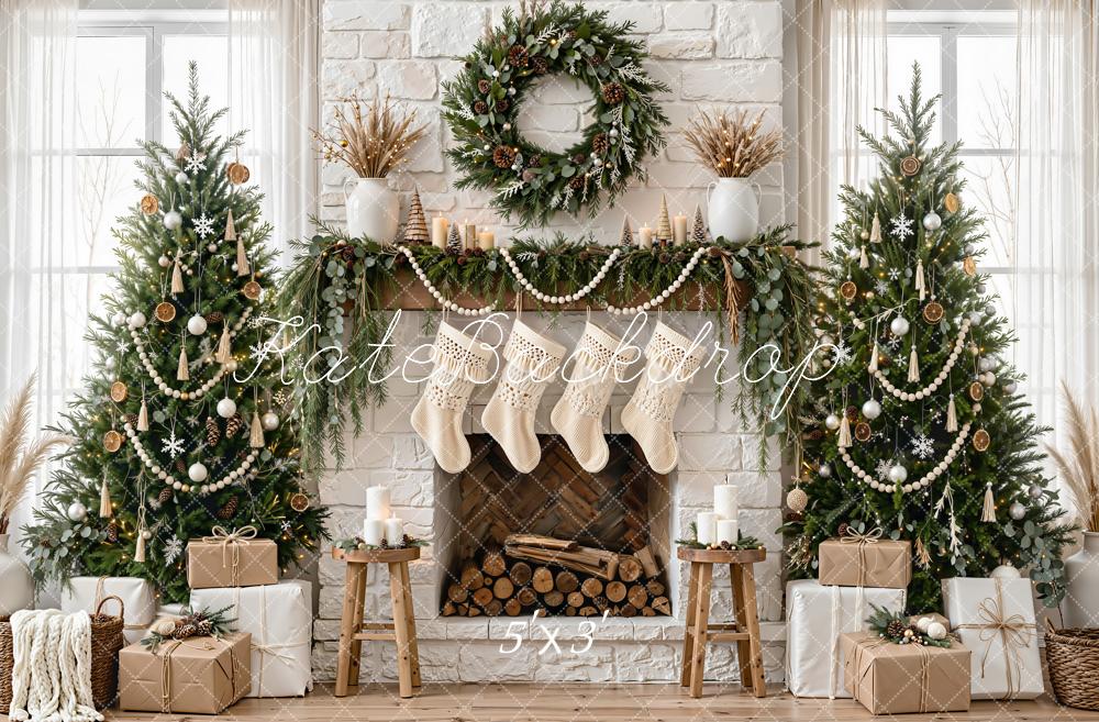 Kate Christmas Trees Fireplace Wreath Garland Gifts White Stockings Printed Backdrop Designed by Emetselch