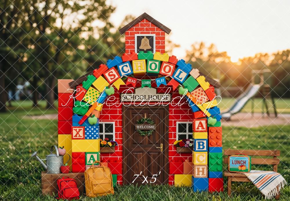 Kate Back To School Red Schoolhouse Building Blocks Playground Printed Backdrop Designed by Patty Roberts