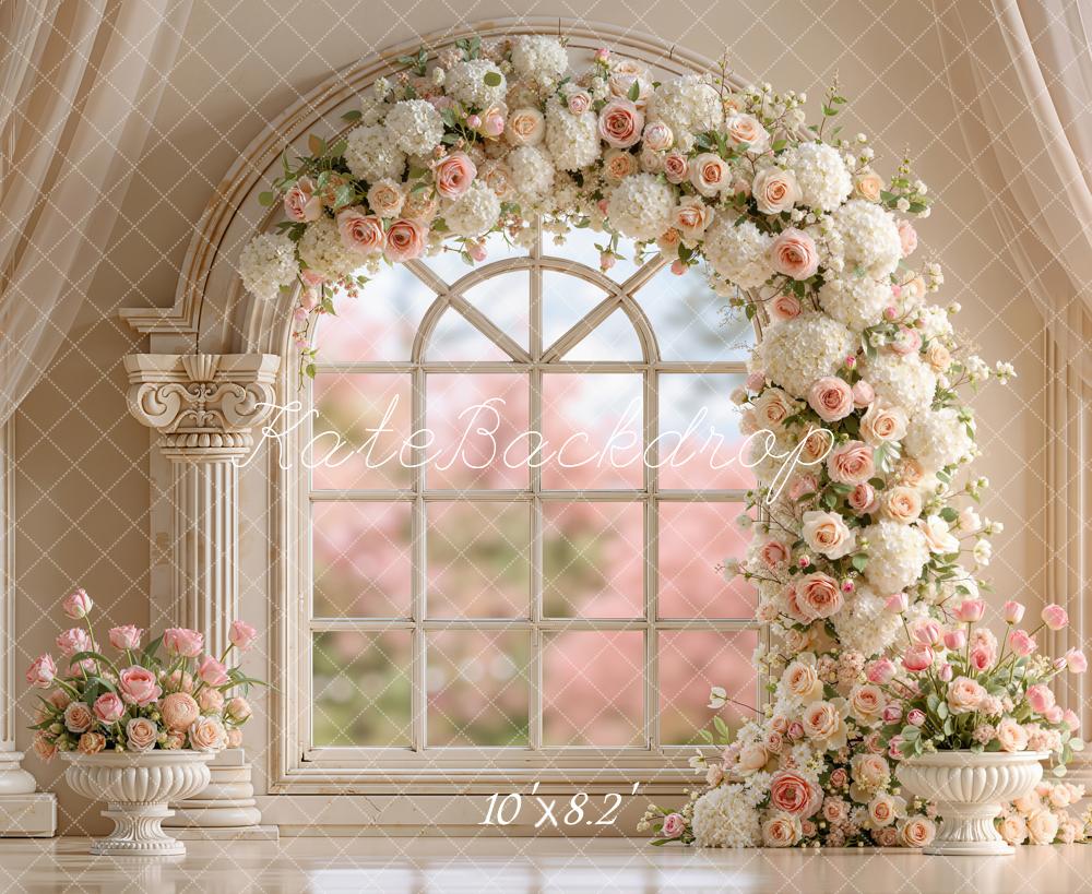 Kate Spring Flower Arch Window Retro Columns Printed Backdrop Designed by Emetselch