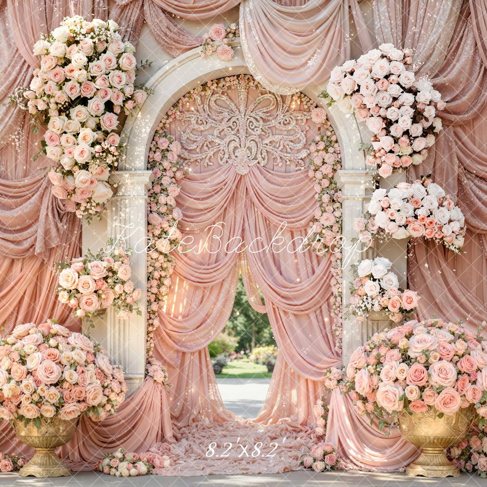 Kate Spring Pink Flower Arch Wedding Drapes Printed Backdrop Designed by Mini MakeBelieve