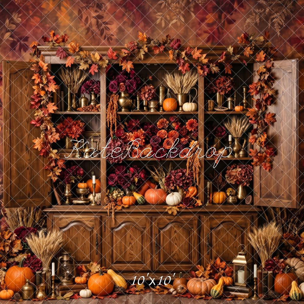 Kate Fall Brown Pumpkin Harvest Cabinet Printed Backdrop Designed by Patty Roberts