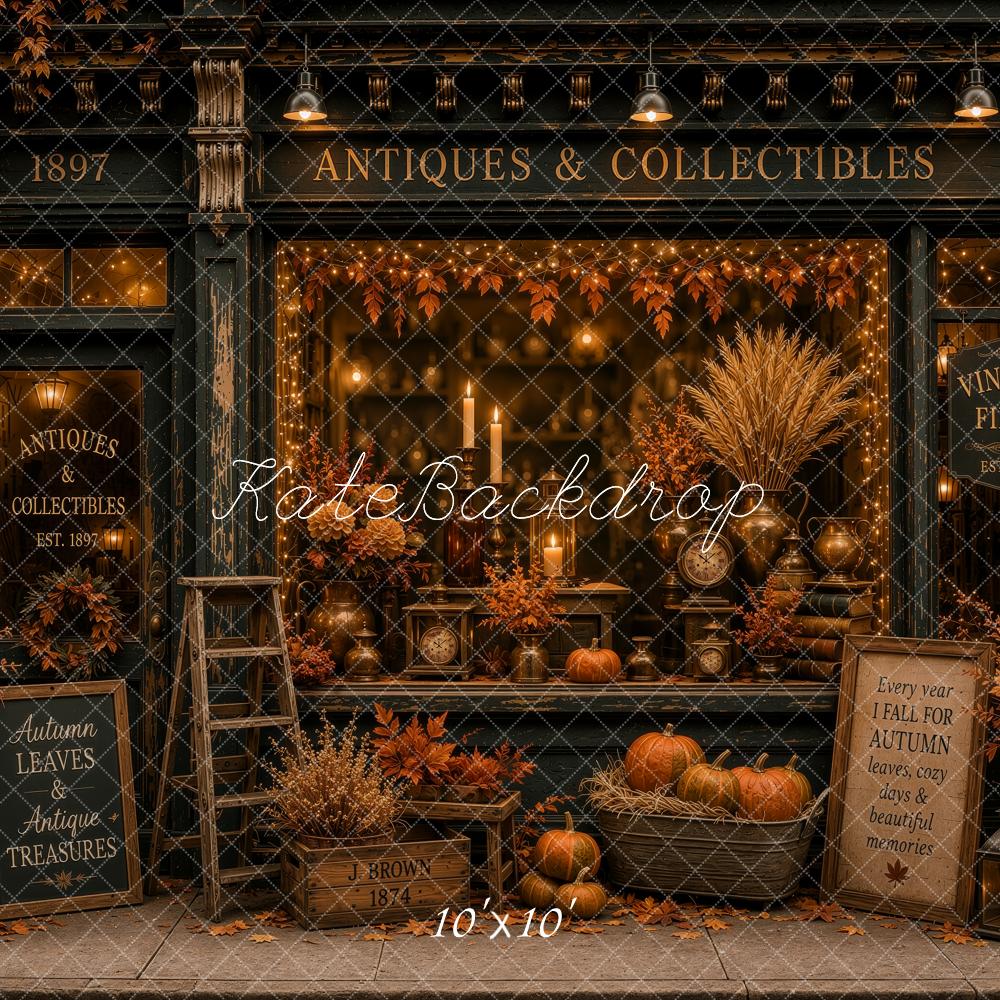 Kate Fall Antique Store Pumpkins Maple Leaves Lanterns Printed Backdrop Designed by Ashley Ward