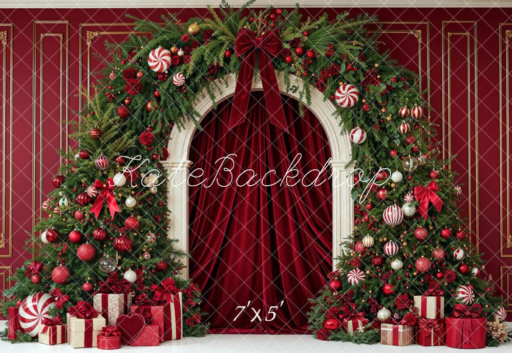 Kate Christmas Red Drapes Evergreen Arch Gifts Printed Backdrop Designed by Mini MakeBelieve