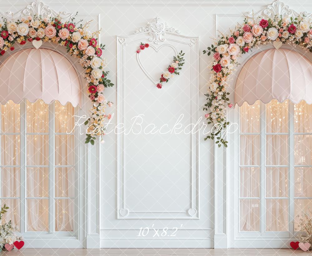 Kate Valentine's Day Pink Awning Windows Rose Arch Printed Backdrop Designed by Mini MakeBelieve