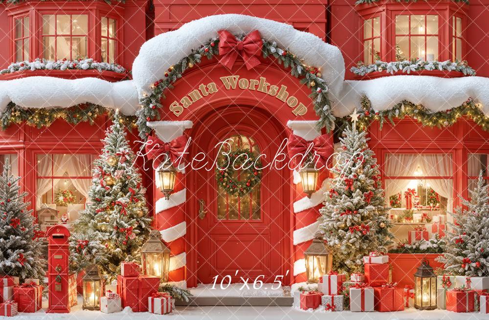 Kate Christmas Santa Workshop Red Snowy Trees Presents Backdrop Designed by Emetselch