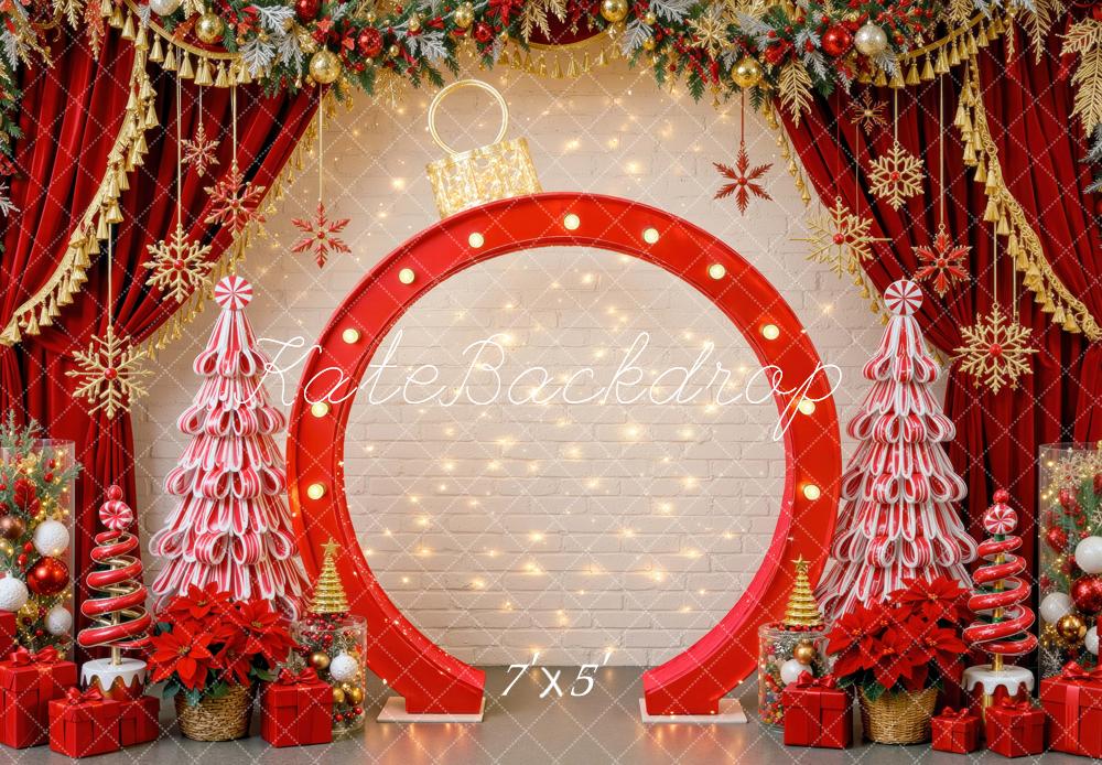 Kate Christmas Red Giant Ornament Candy Cane Trees Curtains Printed Backdrop Designed by Mini MakeBelieve