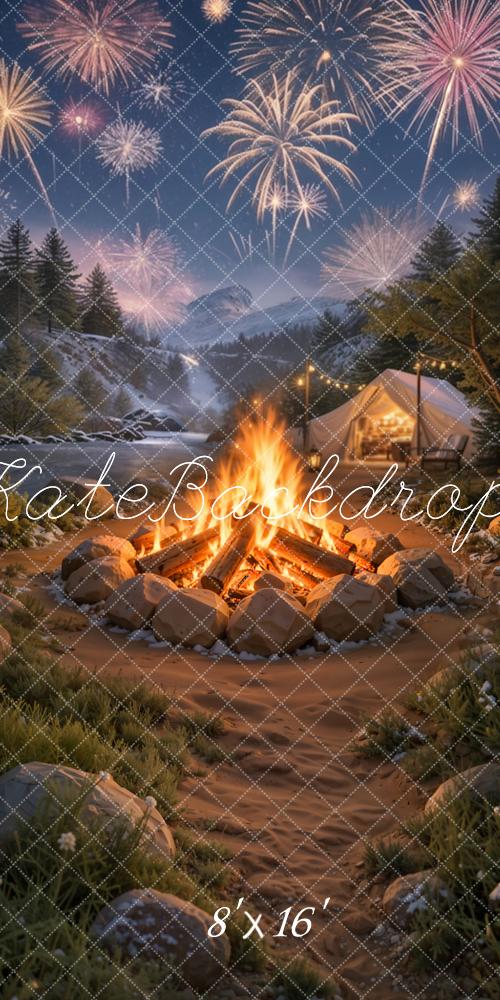 Kate Winter Fireworks Campfire Tent Mountain Camping Printed Backdrop Designed by Emetselch