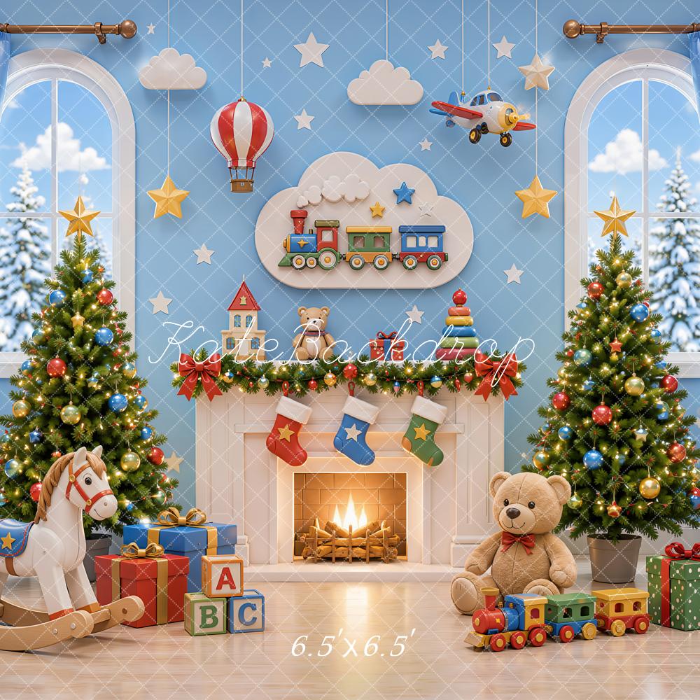 Kate Christmas Toy Room Fireplace Trees Train Rocking Horse Teddy Bear Printed Backdrop Designed by Emetselch