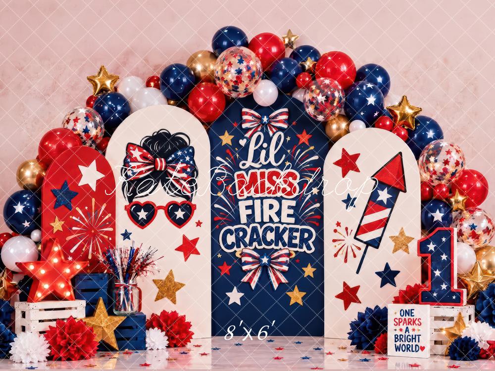Kate First Birthday Balloon Arch Fireworks Printed Backdrop Designed by Laura Bybee