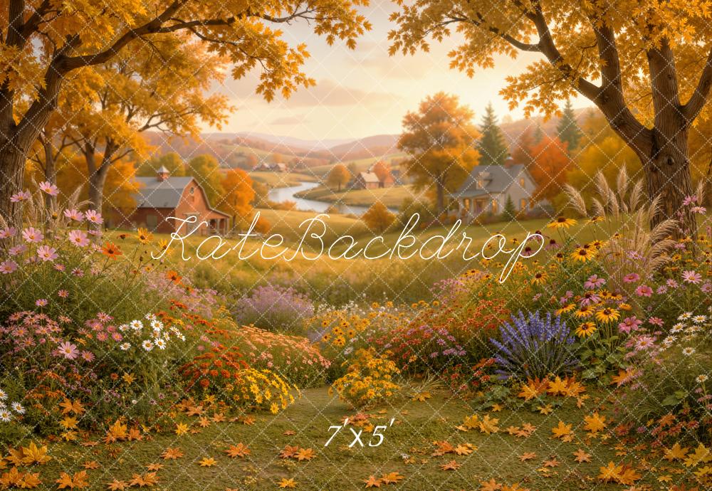 Kate Fall Countryside Golden Village Flower Meadow Printed Backdrop Designed by Emetselch