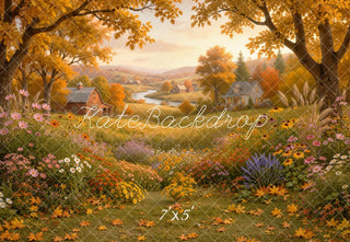 TEST Kate Fall Countryside Golden Village Flower Meadow Printed Backdrop Designed by Emetselch