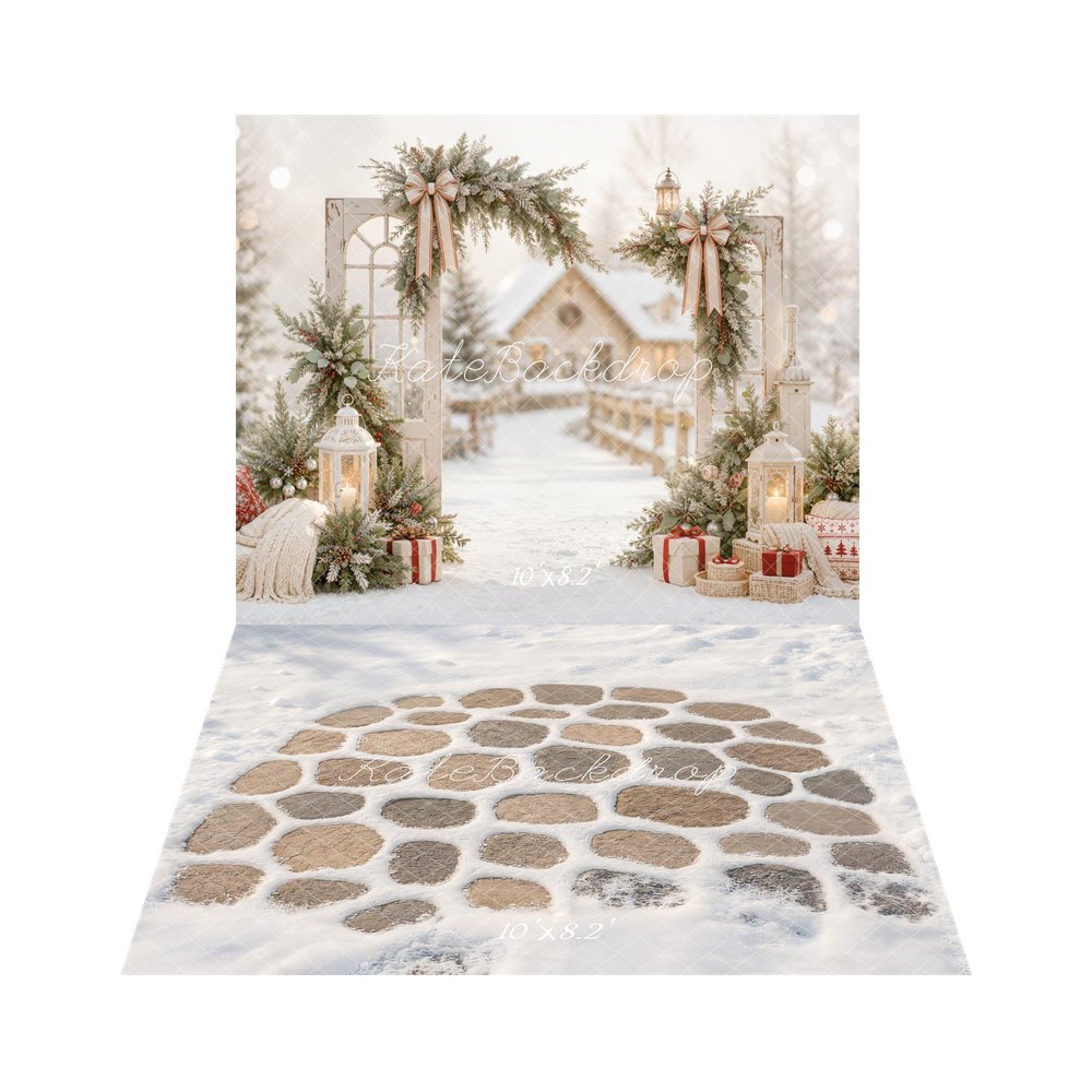 Kate Christmas Greenery Arch Lanterns Snowy Village Printed Backdrop+Winter White Snowy Cobblestone Floor Printed Backdrop