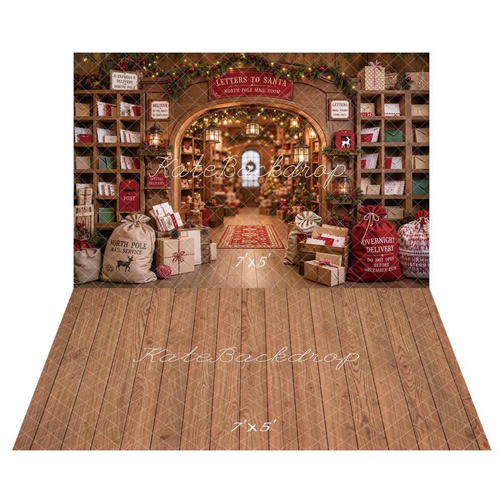 Kate Christmas Mail Room Letters to Santa Workshop Printed Backdrop+Brown Wood Plank Retro Wall Printed Backdrop