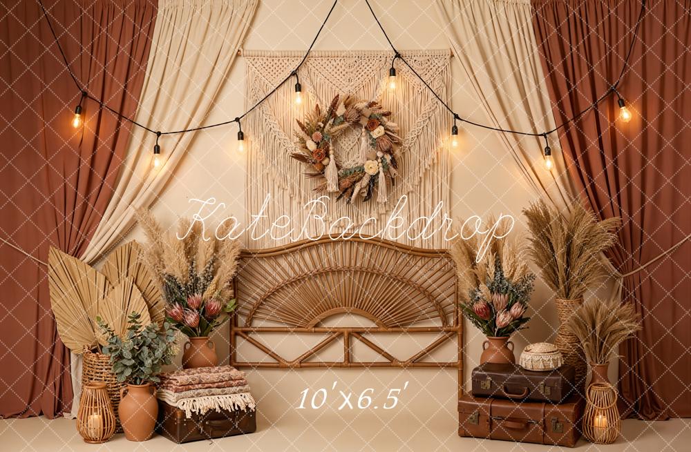 Kate Boho Macrame Wreath Pampas Grass Rattan Bench Backdrop Designed by Emetselch