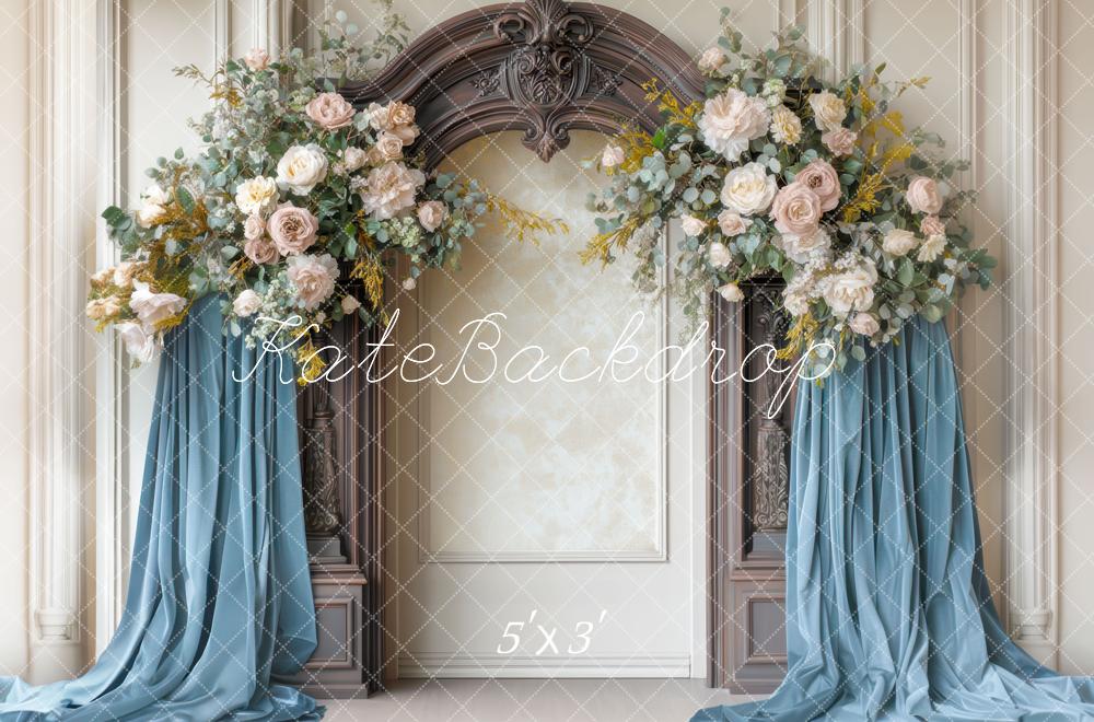 Kate Retro Floral Arch Blue Drapes Backdrop Designed by Mini MakeBelieve