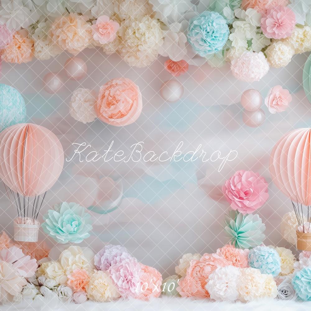 Fondo de globos de aire caliente pastel y flores diseñado por Patty Roberts