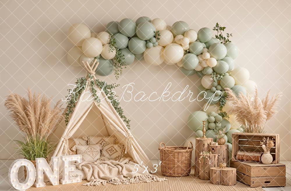 Kate Cake Smash Boho Balloon Arch Teepee Pampas Grass ONE Crates Printed Backdrop Designed by Emetselch
