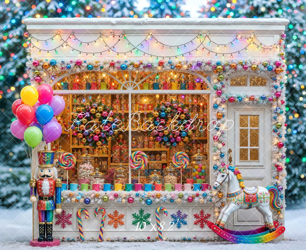 Kate Christmas Candy Shop Nutcracker Colorful Snowy Printed Backdrop Designed by Mini MakeBelieve