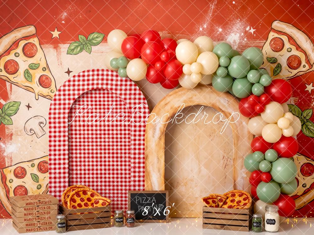 Kate Cake Smash Pizza Party Red Checkered Balloon Arch Printed Backdrop Designed by Patty Roberts