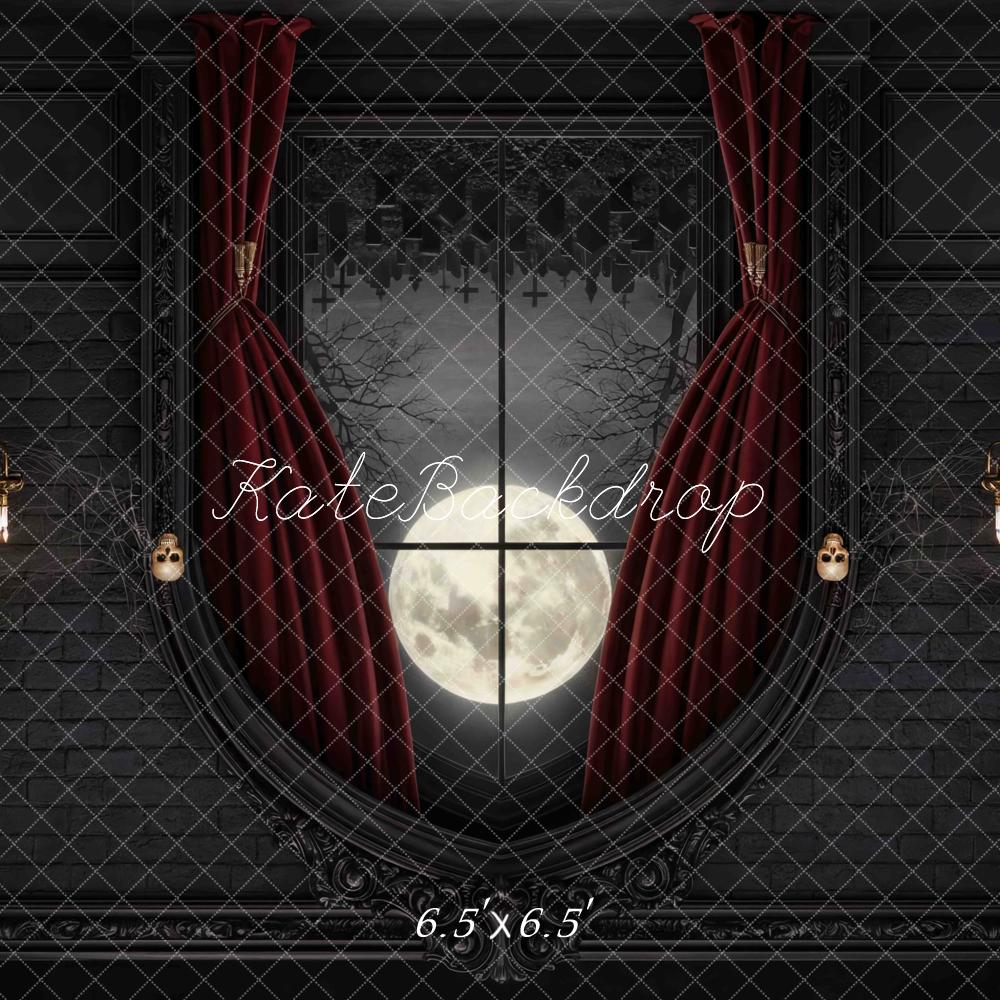 Kate Halloween Vampire Gothic Window Full Moon Red Curtain Printed Backdrop Designed by Mini MakeBelieve