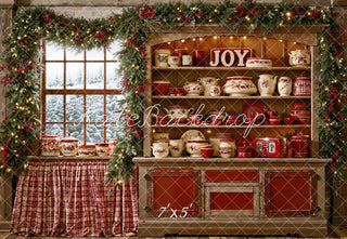 Kate Christmas Kitchen Cabinet Window Garland Cups Dishes Printed Backdrop Designed by Emetselch