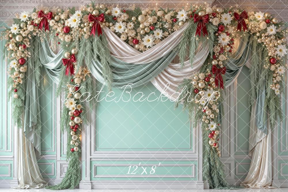 Kate Christmas Mint Green Garland Draped Curtains Printed Backdrop Designed by Mini MakeBelieve