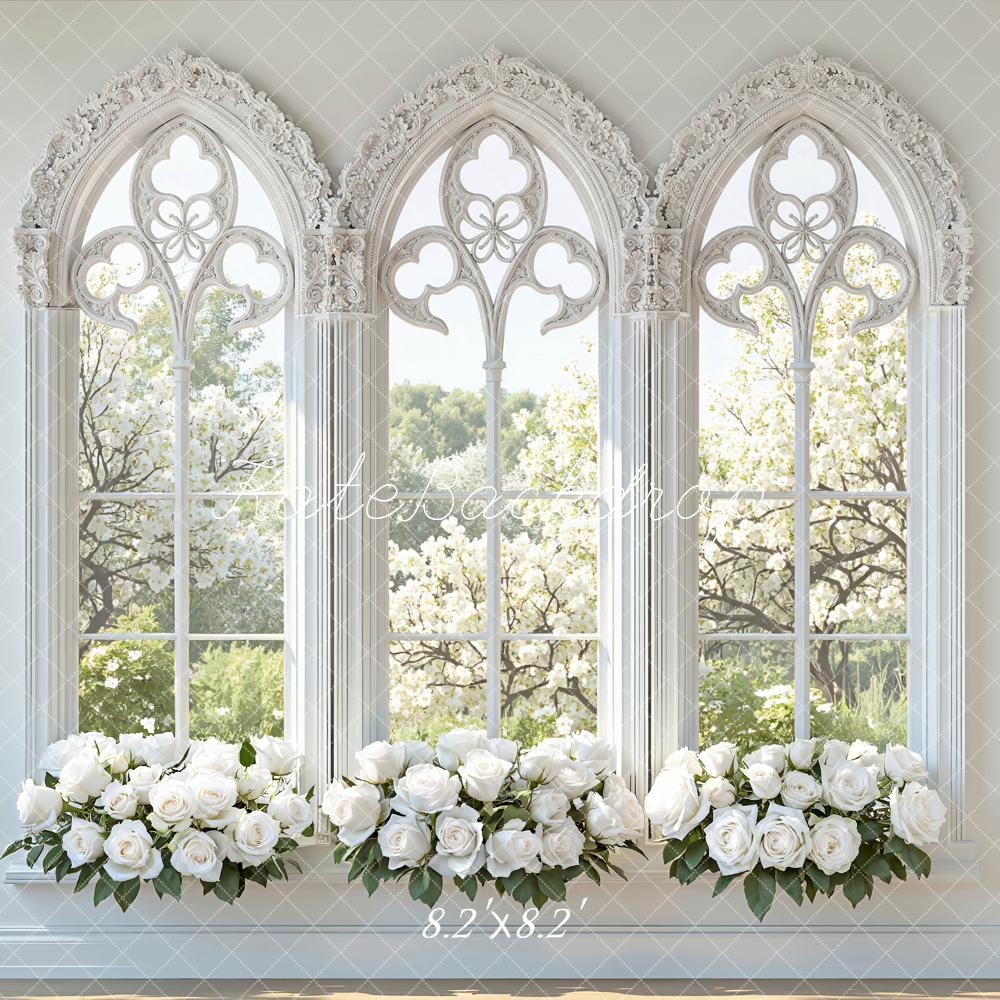 Kate Spring White Roses Gothic Windows Printed Backdrop Designed by Mini MakeBelieve