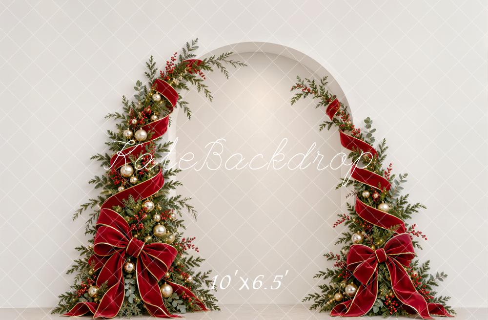 Kate Christmas Arch Red Ribbon Bow Garland White Wall Printed Backdrop Designed by Emetselch