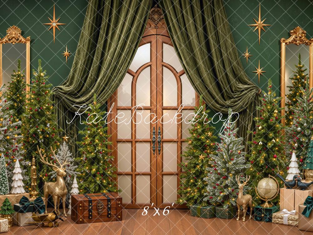 Kate Christmas Trees Green Draped Door Gifts Printed Backdrop Designed by Mini MakeBelieve