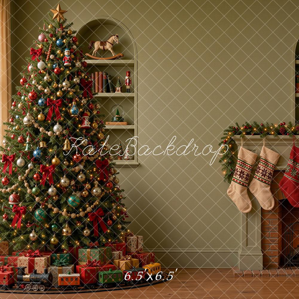 Kate Christmas Tree Fireplace Mantel Stockings Green Printed Backdrop Designed by Shutter Swan Studios