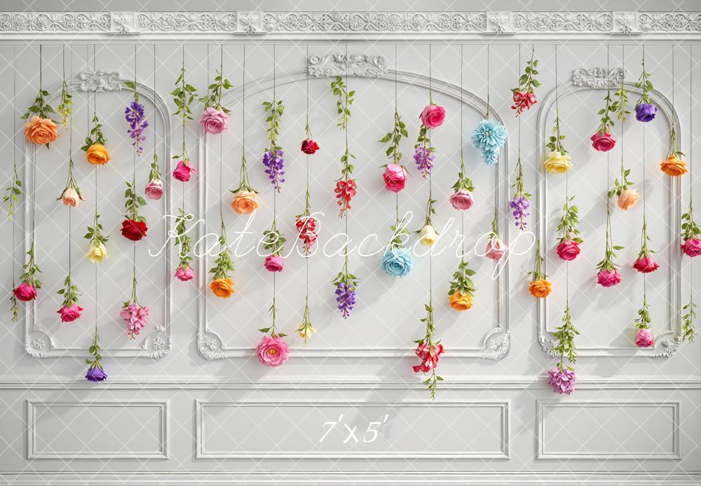 Kate Spring Hanging Flowers White Retro Wall Backdrop Designed by Mini MakeBelieve