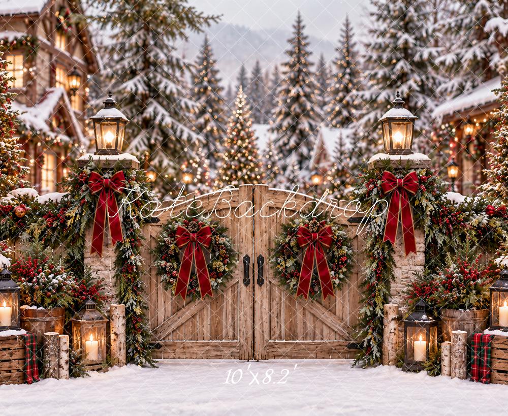 Kate Christmas Wooden Gate Snowy Village Red Bows Trees Printed Backdrop Designed by Ashley Paul