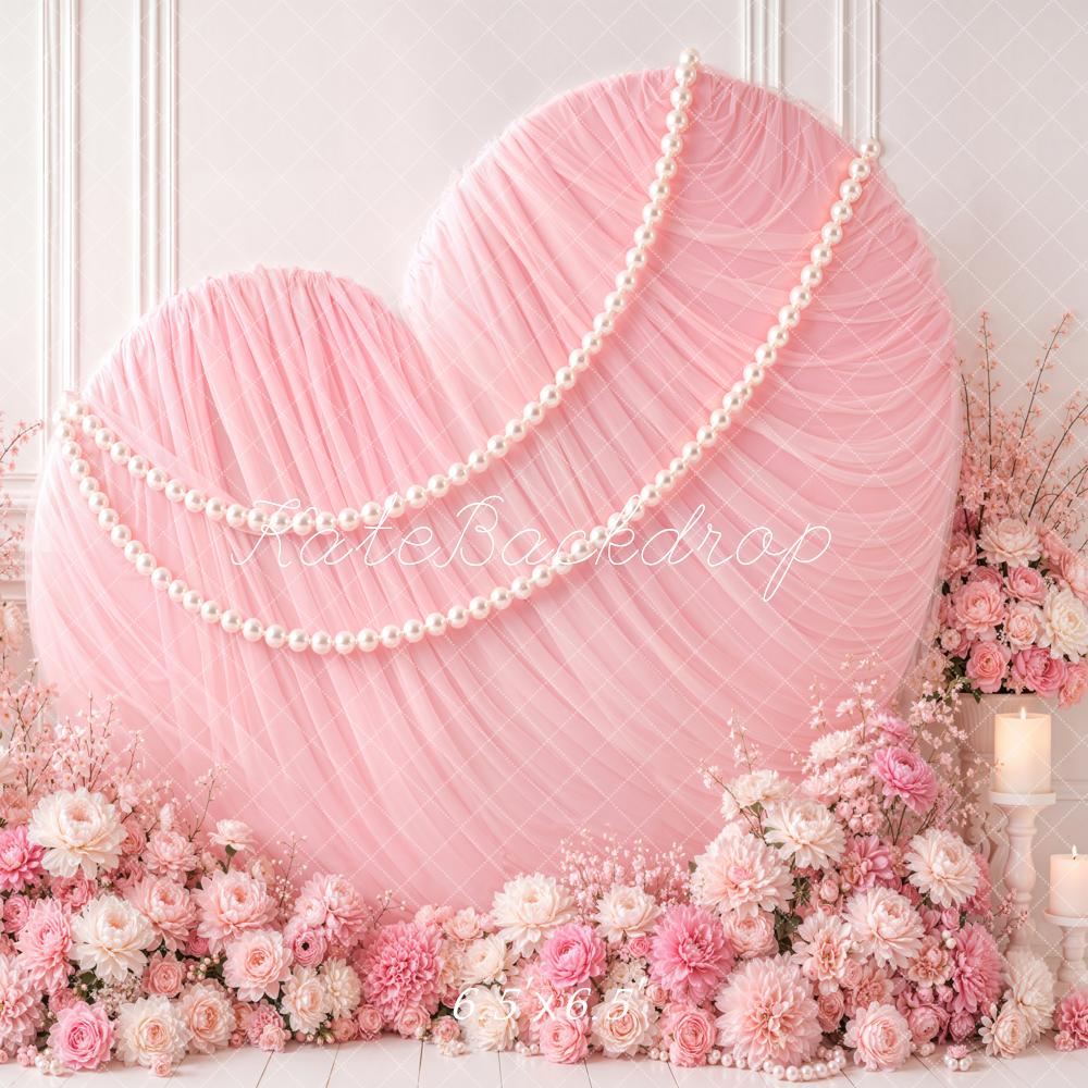 Kate Valentine's Day Pink Chiffon Heart Pearls Flowers Vases Printed Backdrop Designed by Emetselch