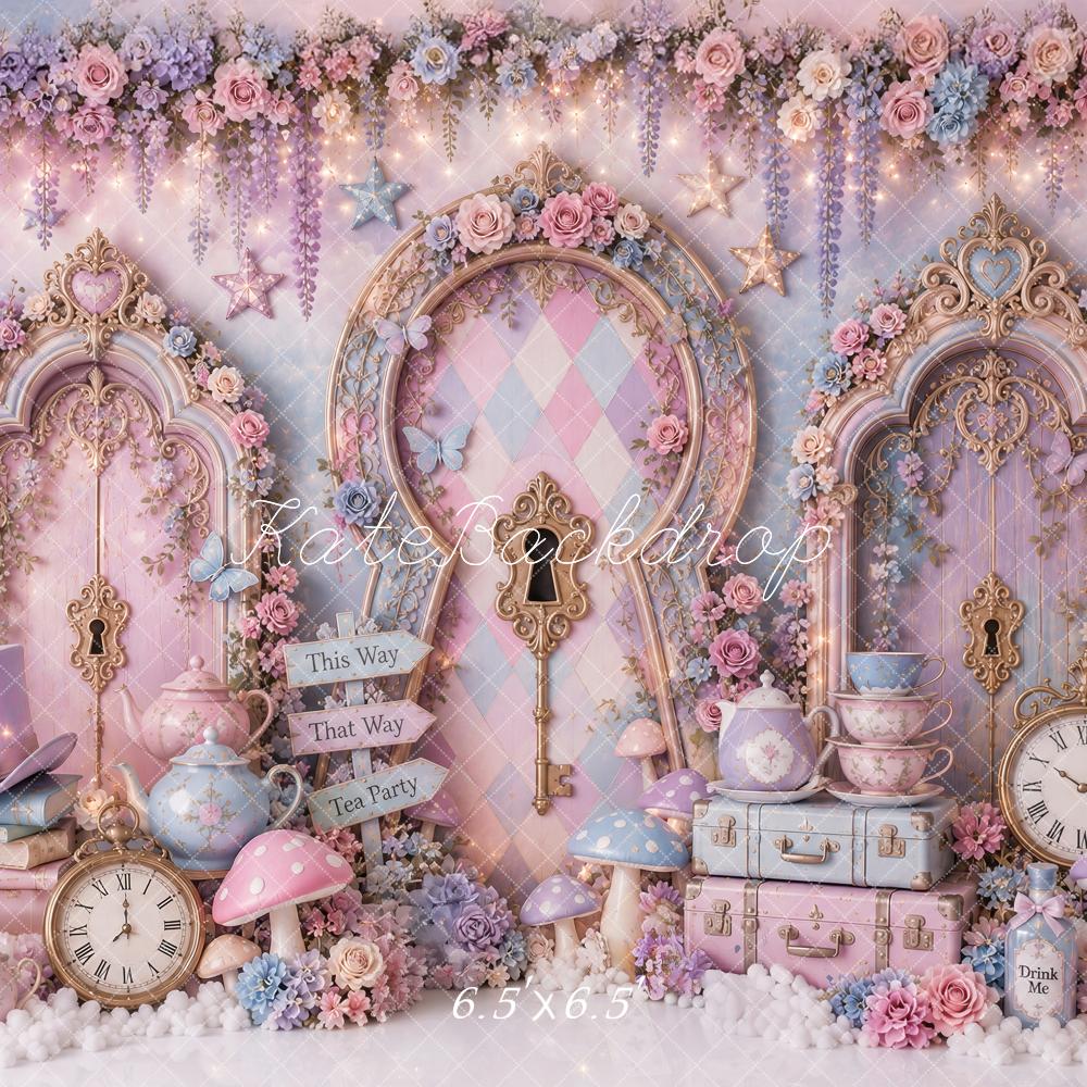 Kate Cake Smash Enchanted Wonderland Tea Party Lavender Ornate Doors Printed Backdrop Designed by Ashley Paul