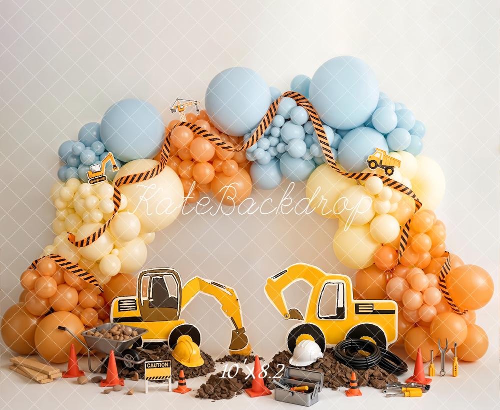 Kate Cake Smash Construction Trucks Balloon Arch Tools Printed Backdrop Designed by Emetselch