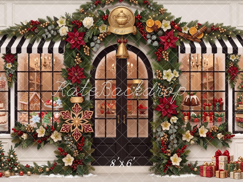 Kate Christmas Shop Front Garland Poinsettia Gifts Printed Backdrop Designed by Chain Photography