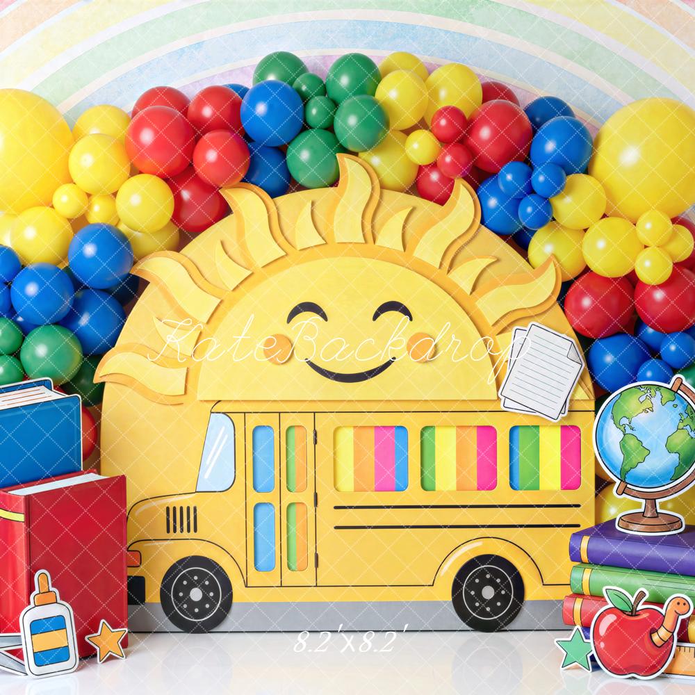 Kate Back To School School Bus Sun Rainbow Printed Backdrop Designed by Mini MakeBelieve