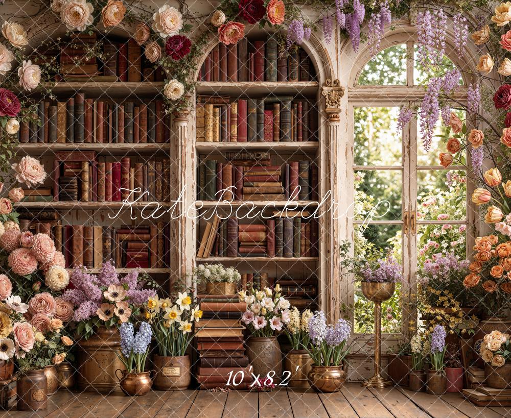 Kate Bookshelf Flower Arch Window Printed Backdrop Designed by Emetselch