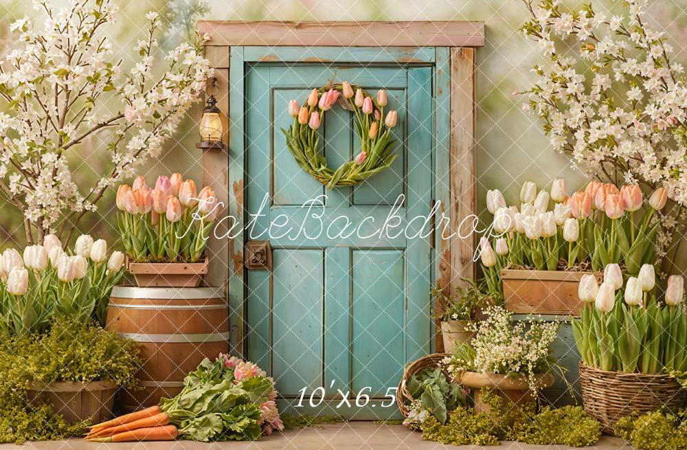 Kate Spring Blue Door Tulips Flower Garden Backdrop Designed by Emetselch