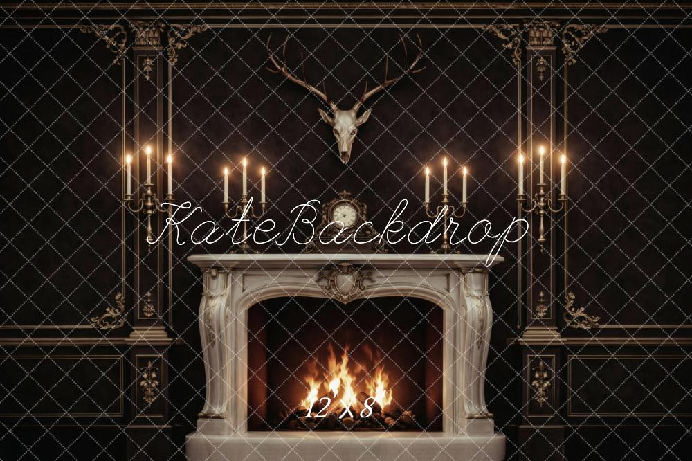 Kate Black Ornate Fireplace Candle Wall Antlers Printed Backdrop Designed by Vertigo Productions